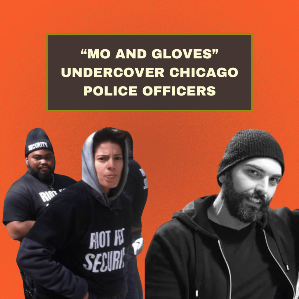 Image of three individuals, one man on the left in a "SECURITY" T-shirt and beanie, another person in the center in a "RIOT FEST SECURITY" T-shirt, and a bearded man on the right in a black beanie and jacket, with text "MO AND GLOVES UNDERCOVER CHICAGO POLICE OFFICERS" at the top.