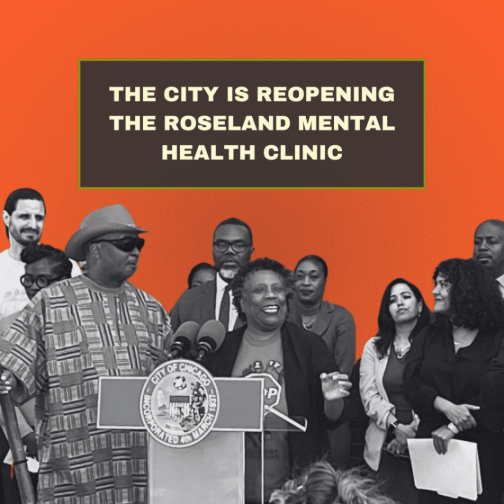 Group of people at a podium with text announcing the reopening of the Roseland Mental Health Clinic.

Text Section: THE CITY IS REOPENING THE ROSELAND MENTAL HEALTH CLINIC