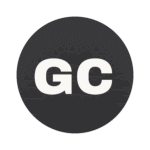 A black circle with the bold white letters GC centered inside on a light gray background.
