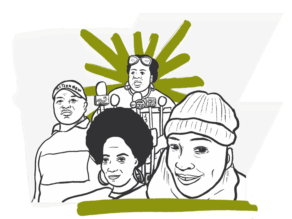 A black and white illustration of four people, including one using a wheelchair surrounded by microphones.