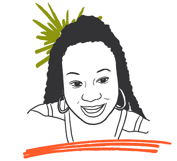Black and white illustration of a smiling person with curly hair, large hoop earrings, and an orange and green abstract design in the background.