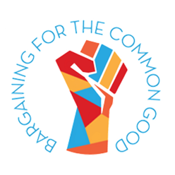 A multicolored fist is centered inside a blue circular text that reads “Bargaining for the Common Good.”.