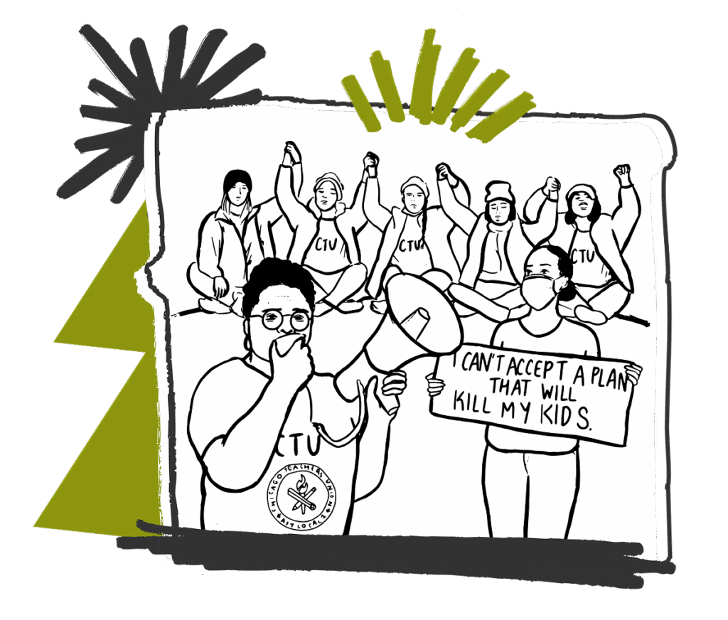 A group of people wearing CTU shirts protest, with one person holding a megaphone and another holding a sign that reads, "I CAN'T ACCEPT A PLAN THAT WILL KILL MY KIDS."