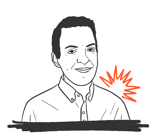 Black and white illustrated portrait of a smiling person in a button-up shirt with an orange burst graphic beside their right shoulder.