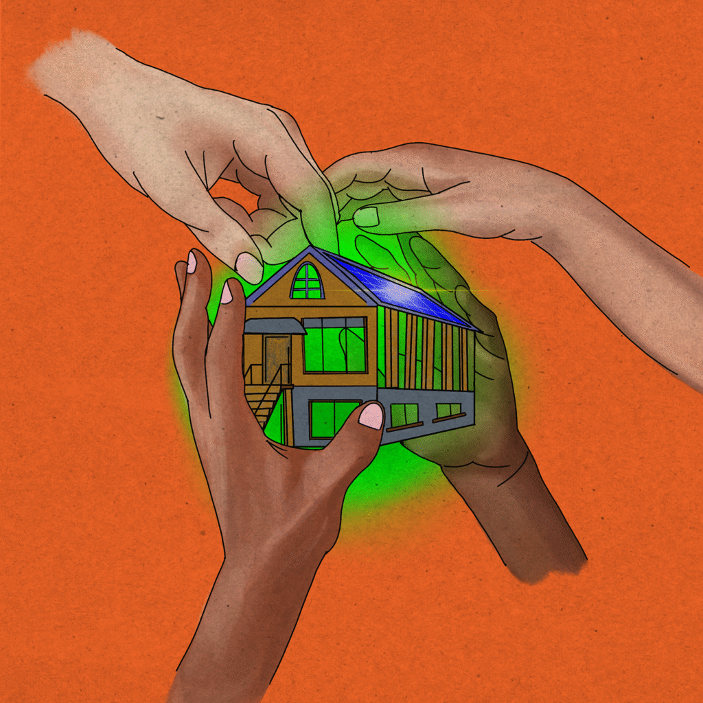 Three hands of different skin tones hold and assemble a house model, which is glowing with a green light, against an orange background.