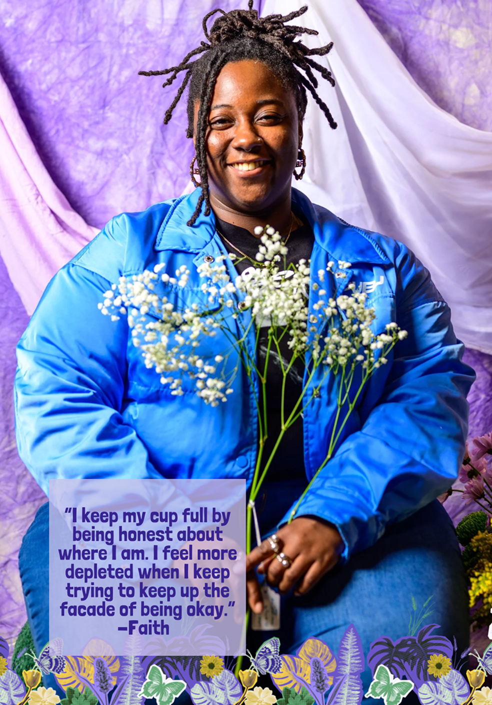 A person in a blue jacket sits holding white flowers, smiling. A quote about honesty and emotional well-being is overlaid on the image.
