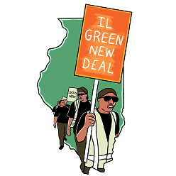 Three people holding protest signs, including one that reads IL GREEN NEW DEAL, march in front of an outline of the state of Illinois.