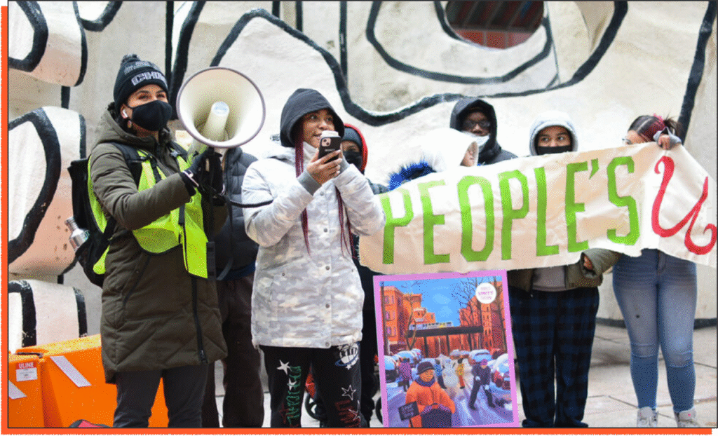 A group of people stand outdoors holding a PEOPLES banner and a colorful poster; one person speaks through a megaphone and another speaks into a microphone.