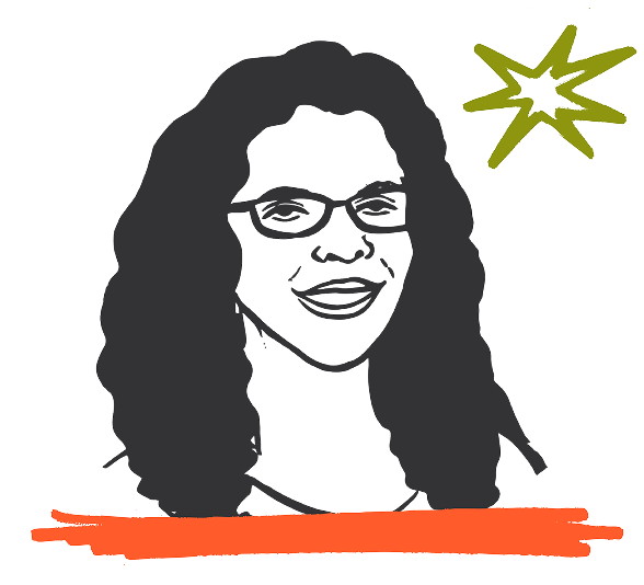 A black and white illustrated portrait of a person with curly hair and glasses, with an olive green star shape and an orange underline accent.