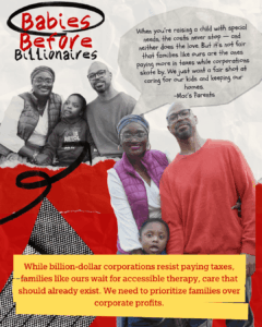 A family of four smiles together; the image highlights a quote about the struggles of raising a child with special needs and advocates for prioritizing families over corporate profits.