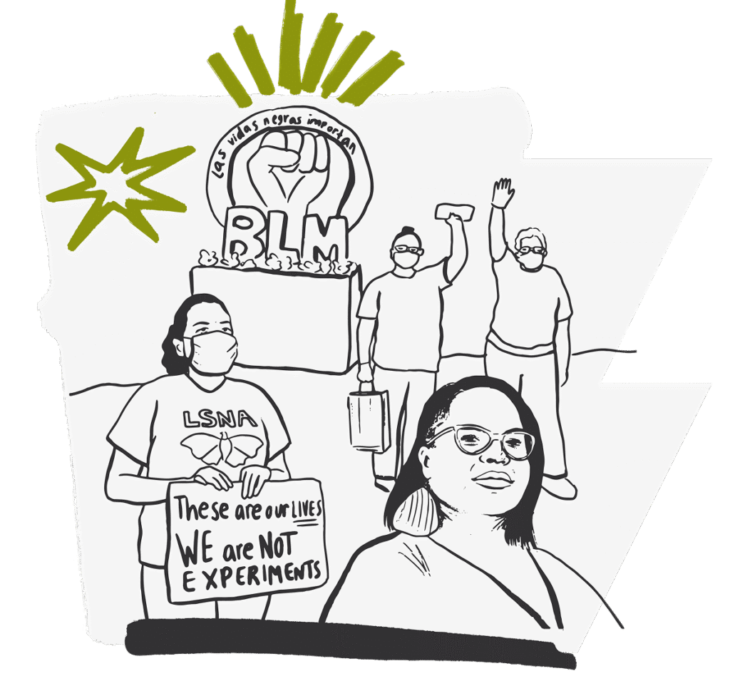 Line drawing of four people at a protest, one holding a WE ARE NOT EXPERIMENTS sign, with a BLM fist symbol and Spanish text in the background.