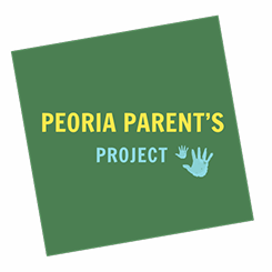 Green square logo with the text PEORIA PARENTS PROJECT and two light blue handprints on the right side of the word PROJECT.
