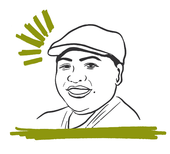 Black and white line drawing of a smiling person wearing a flat cap, with green accent lines around the head and below the shoulders.
