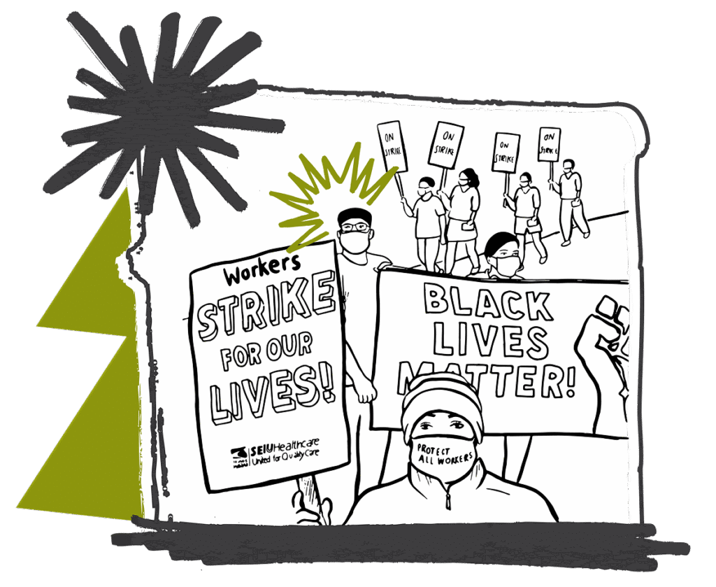 Illustration of masked protesters holding signs reading Workers Strike for Our Lives! and Black Lives Matter! with more people marching and carrying protest signs in the background.