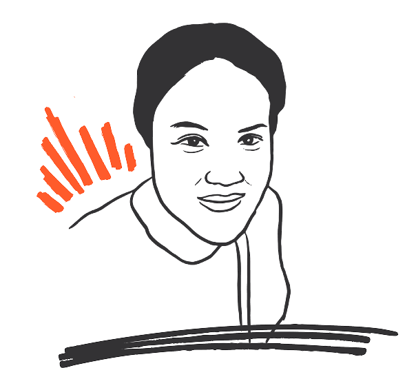 Black and white line drawing of a person smiling, with short hair and an orange bar graph design on the left side of the image.