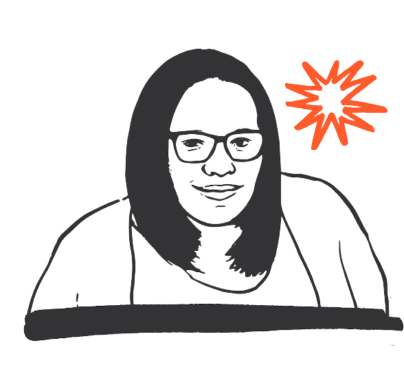 Black and white illustration of a person with glasses and long hair, with an orange starburst shape near their head.