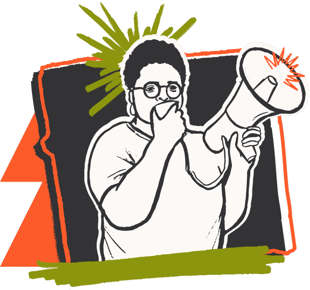 Illustration of a person with glasses holding a megaphone and speaking, with abstract shapes and lines in the background.
