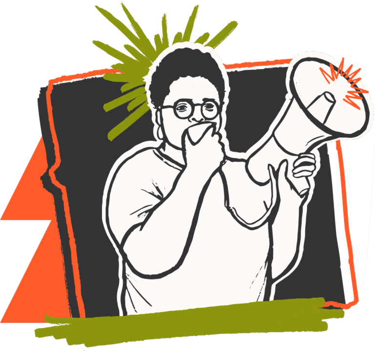 Illustration of a person with glasses holding a megaphone and speaking, with abstract shapes and lines in the background.