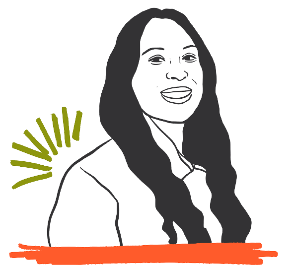 Black and white illustration of a person with long hair, featuring green lines and an orange brushstroke as decorative accents.