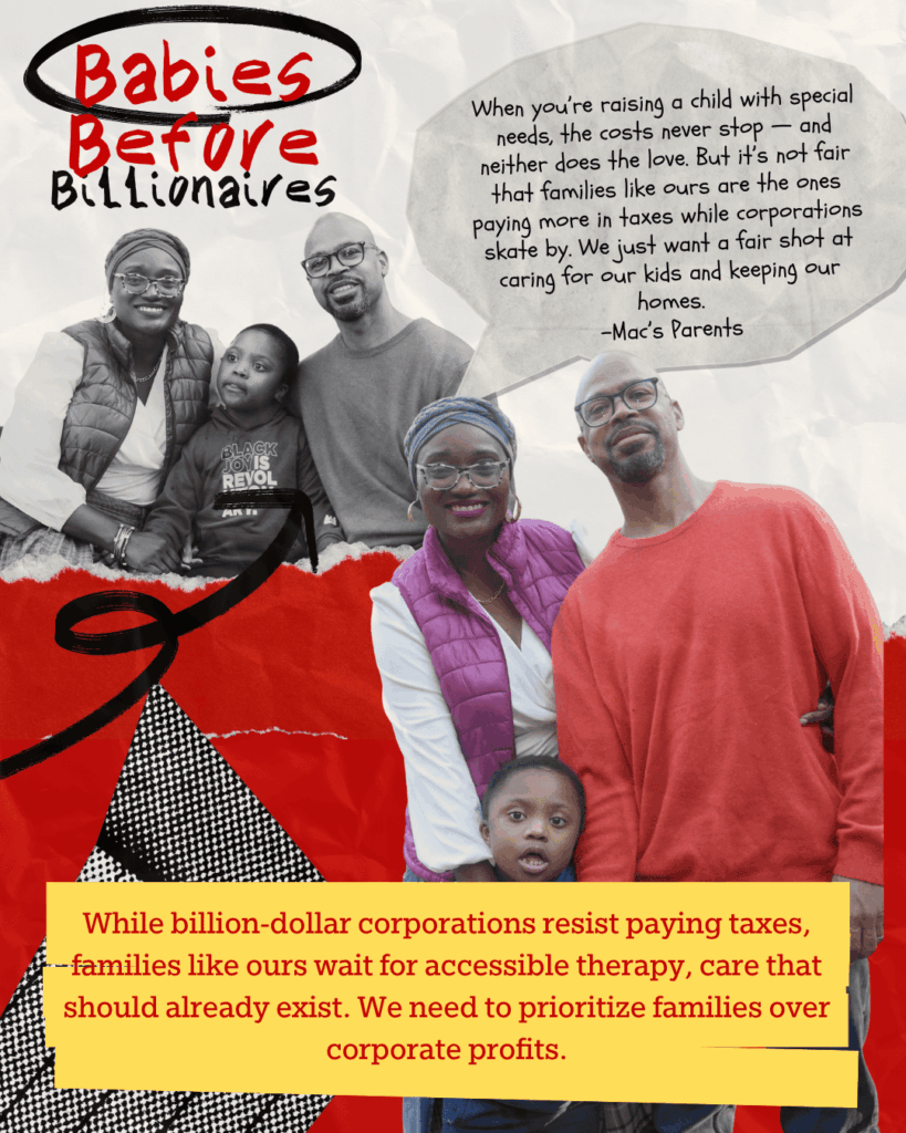 A family of four poses together, with highlighted text advocating for prioritizing families needs over corporate profits and emphasizing the challenges of accessing care.