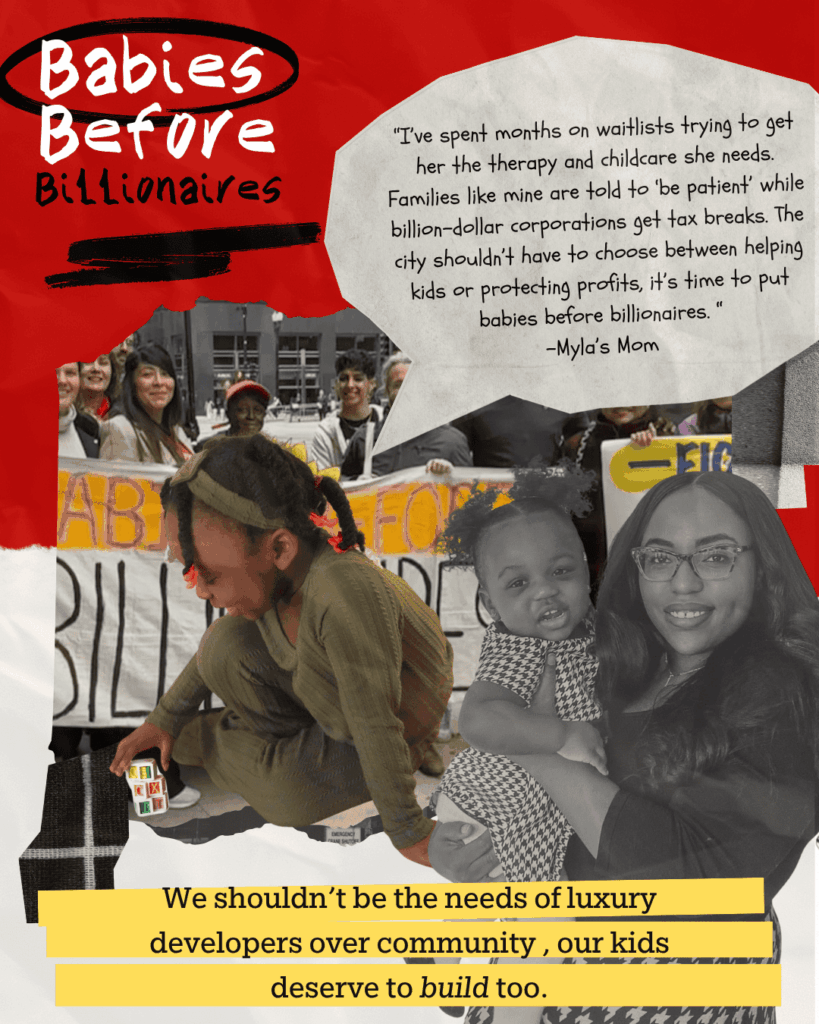 A child plays with blocks in the foreground while adults and children hold a “Babies Before Billionaires” banner at a protest advocating for children and families over luxury developments.