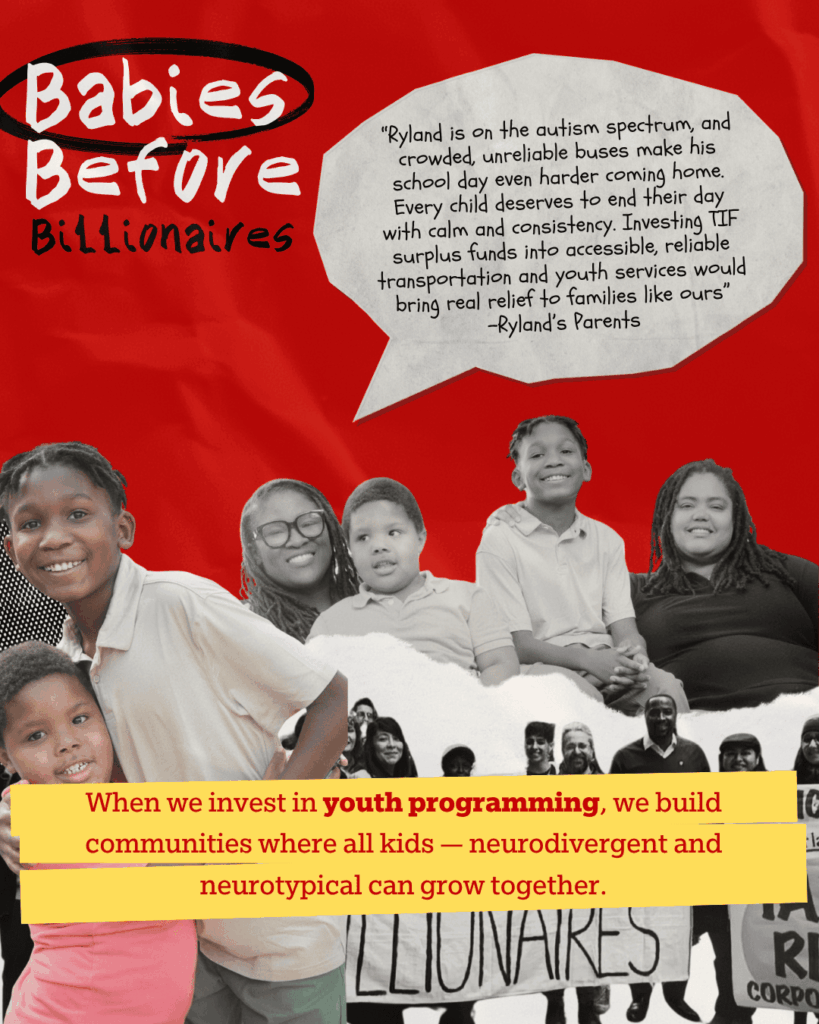 A group of smiling children stand together in front of a red background with text advocating for investment in youth programming and support for neurodivergent children.