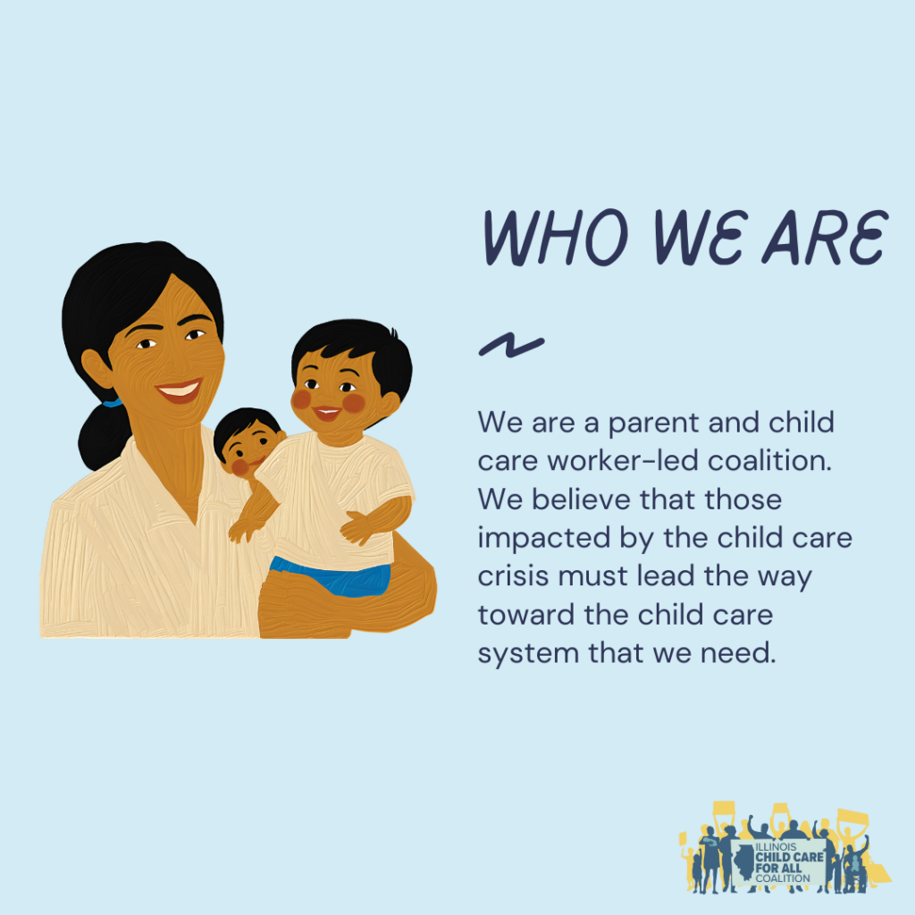 Illustration of a smiling adult holding a child beside text describing a parent and child care worker-led coalition advocating for child care system reform.