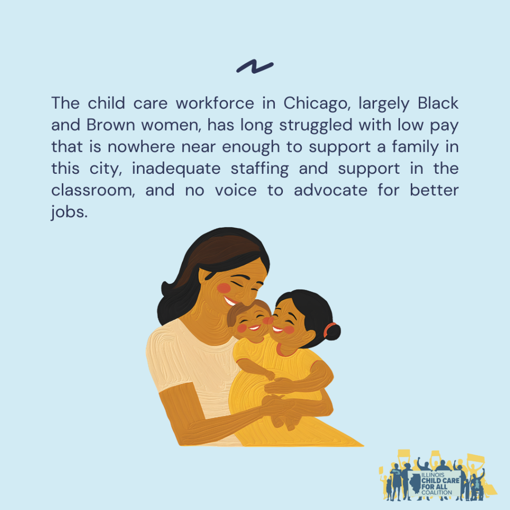 Illustration of a smiling woman hugging two children, with text about low pay and challenges faced by Chicago’s child care workforce, mainly Black and Brown women.