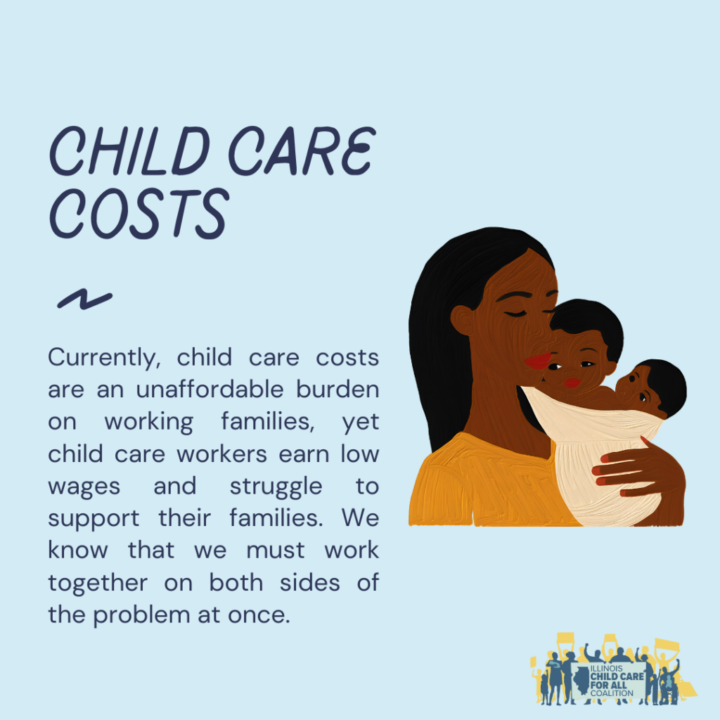 A woman holds two children, with text explaining that high child care costs burden families while child care workers earn low wages, highlighting the need for solutions on both sides.