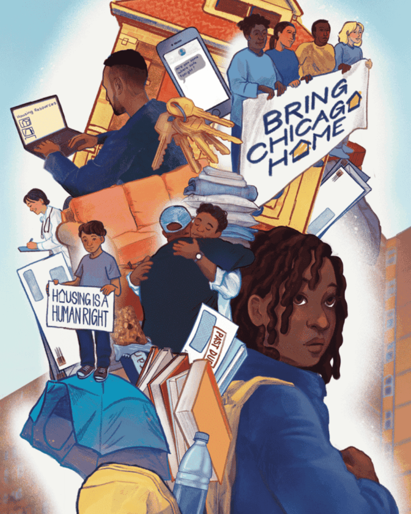Illustration of people advocating for housing rights, with signs reading Bring Chicago Home and Housing is a Human Right, surrounded by images of homes, keys, and supportive interactions.