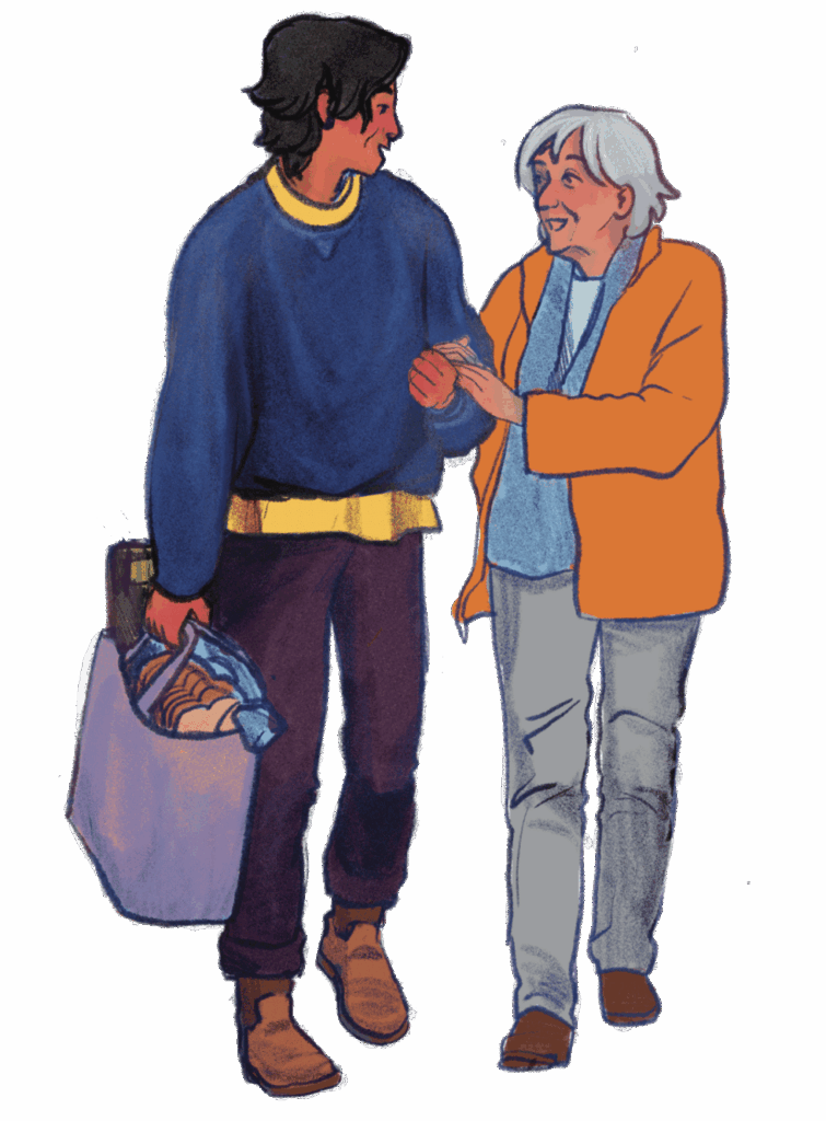 An older woman and a younger person walk together. The younger person carries a grocery bag while the older woman smiles and holds their arm.